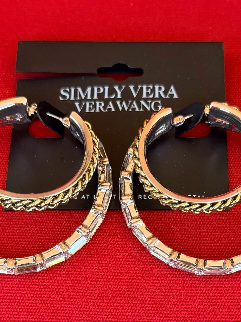 VERA WANG Two-Tone Silver/Gold Clear Crystal Double Hoop Earrings